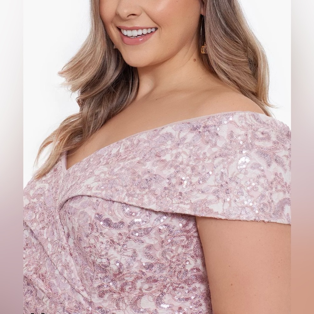 XSCAPE Blush Pink Floral Embroidery Off the Shoulder Sheath Dress Plus Size 16W - Picture 2 of 7